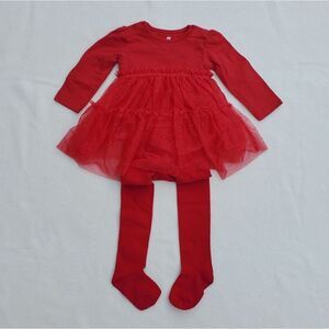 H&M red tulle skirt dress with footed tights size 6-9months